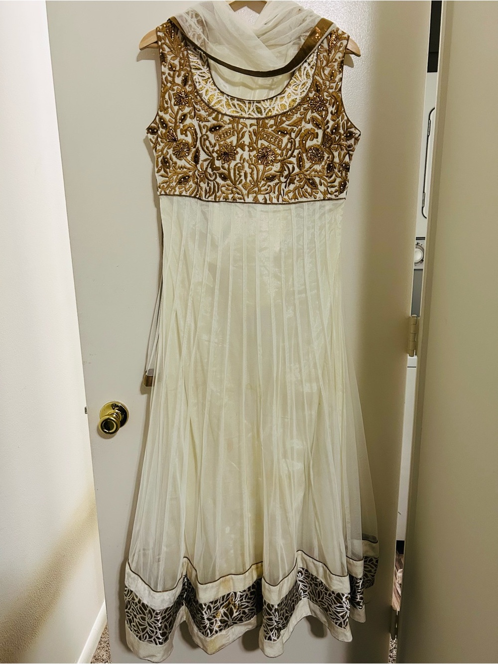 Ivory and Gold Embroidered Anarkali Dress
